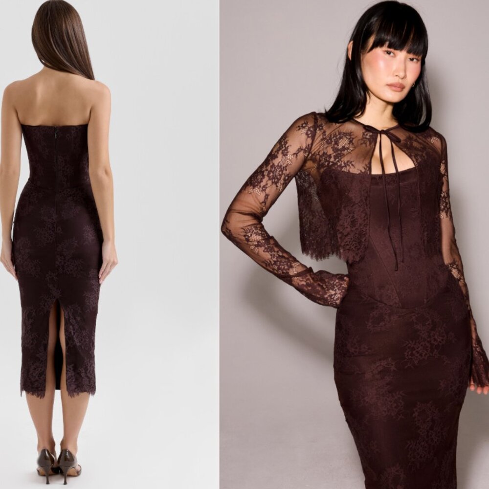 HOUSE OF CB 'Larra' Bitter Chocolate Lace Corset Midi Dress & Bolero NWOT - Picture 4 of 12